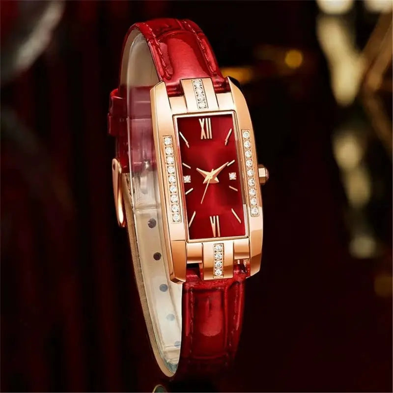 Montre Femme Carrée Quartz — Bracelet Cuir Vert, Cadran Simple, Luxe Fashion