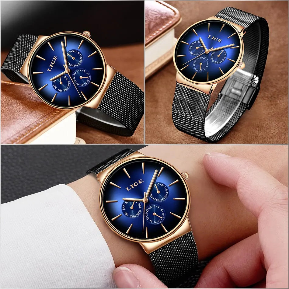 Montre Homme LIGE Luxe Quartz — Maille Acier Ultra-Fine, Étanche, Sport