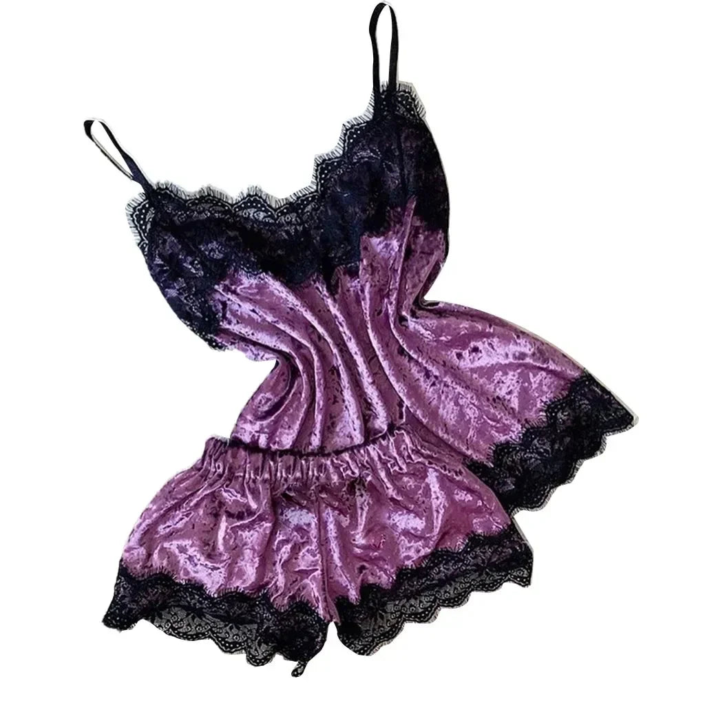 Pyjama Femme Dentelle Satin 2 Pièces — Top Court & Short, Sexy Lounge Été