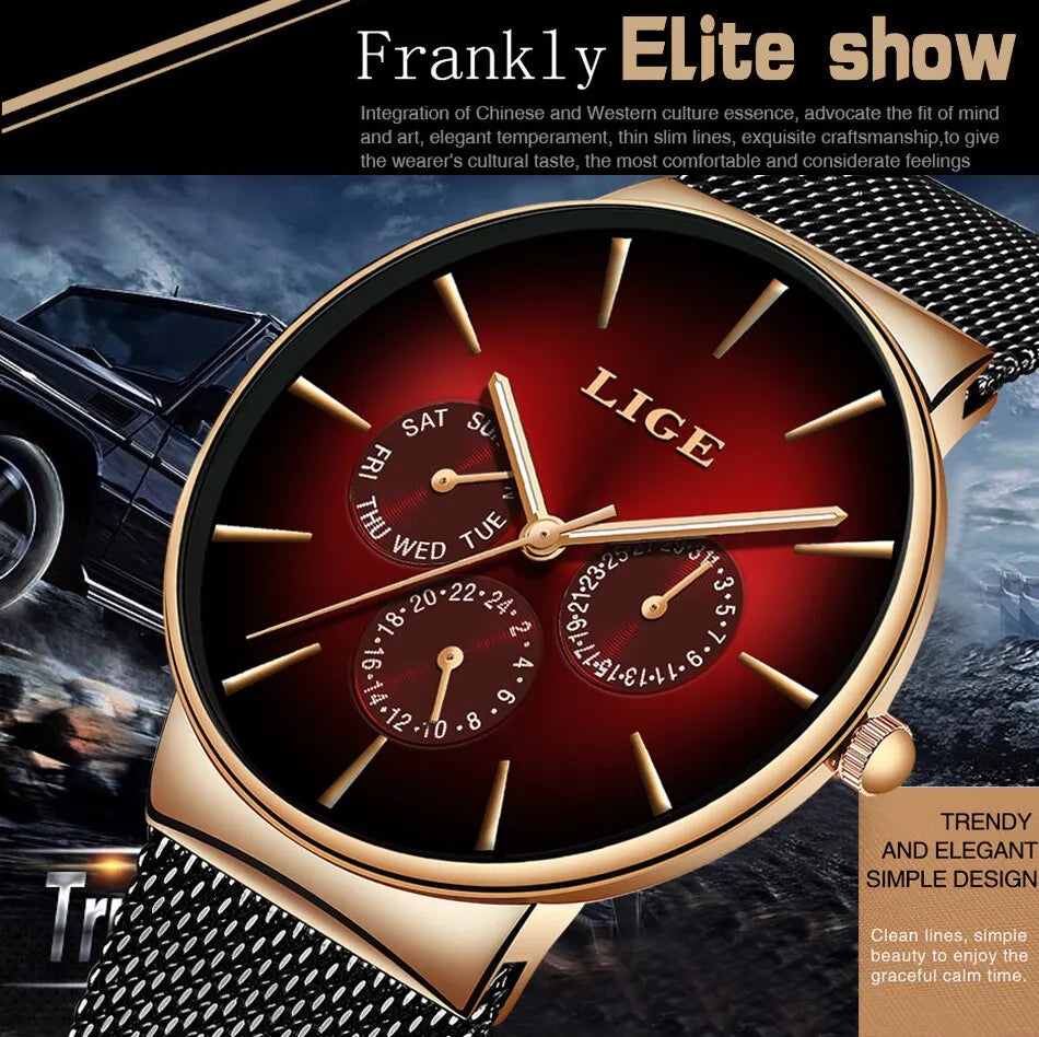 Montre Homme LIGE Luxe Quartz — Maille Acier Ultra-Fine, Étanche, Sport