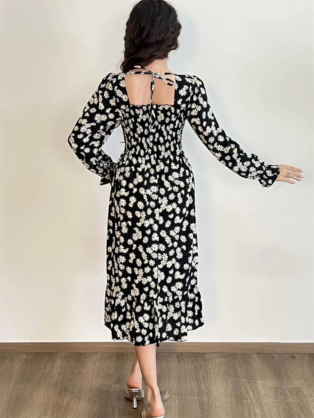 Robe Midi Femme Mousseline Manches Longues — Imprimé Floral Laçage