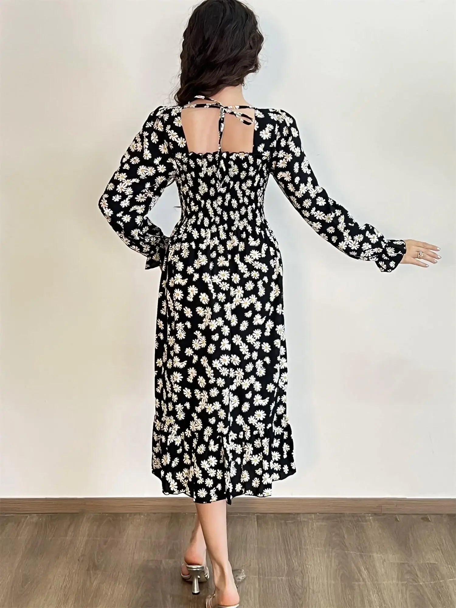 Robe Midi Femme Mousseline Manches Longues — Imprimé Floral Laçage