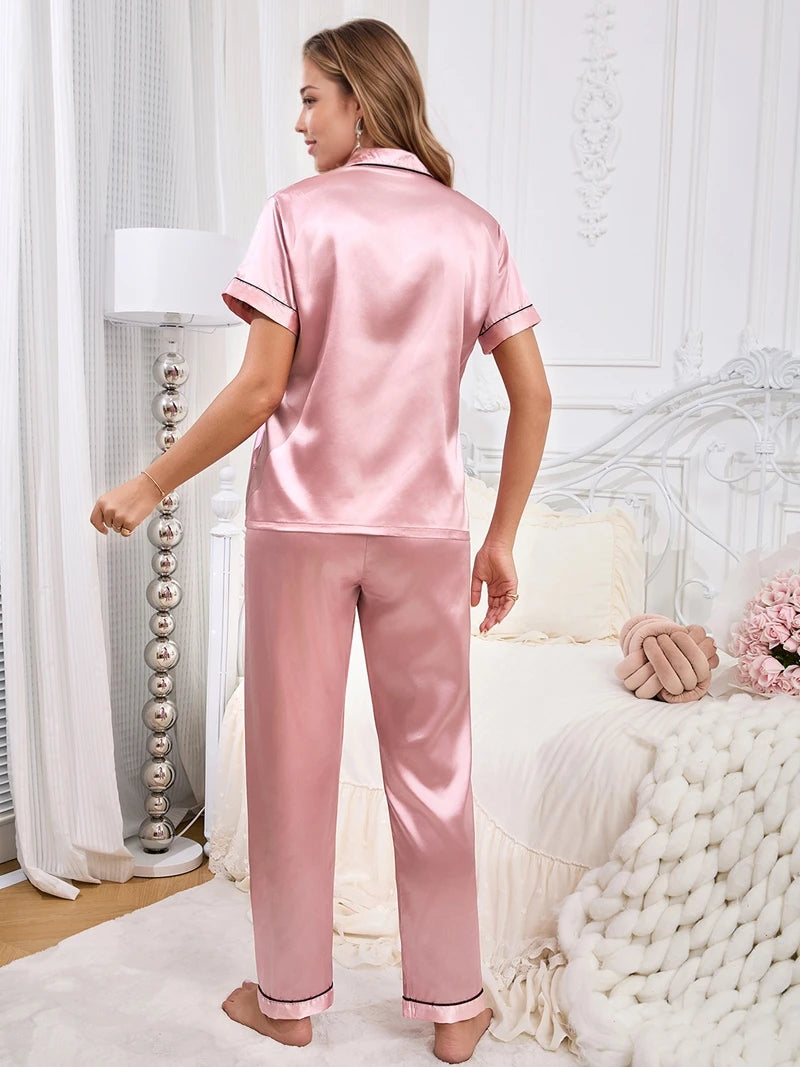 Pyjama Femme Satin Soyeux 2 Pièces Luxe — Haut Manches Courtes & Pantalon Long