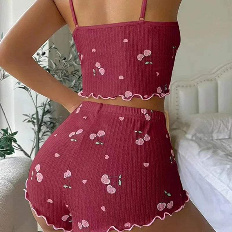 Pyjama Femme Été Imprimé Cœur — Top Cami Dos Nu & Short, Sexy Lounge