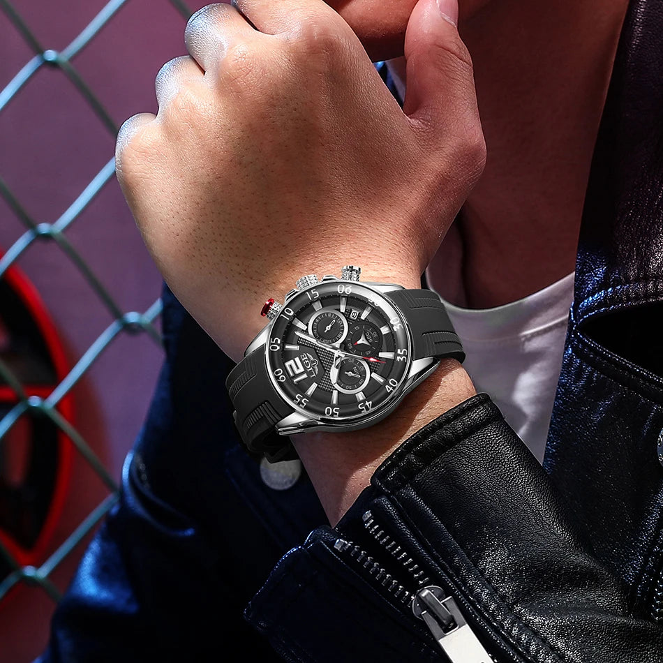 Montre Homme LIGE Sport Rouge Silicone — Étanche, Chronographe Quartz, Luxe