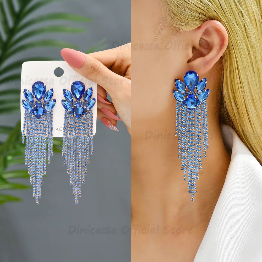 Boucles d'Oreilles Longues Pendantes Cristal Verre Femme — Franges Luxe, Cadeau Bijou