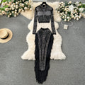Ensemble Femme Manches Longues Sequins & Franges — Jupe Longue Tendance 2024
