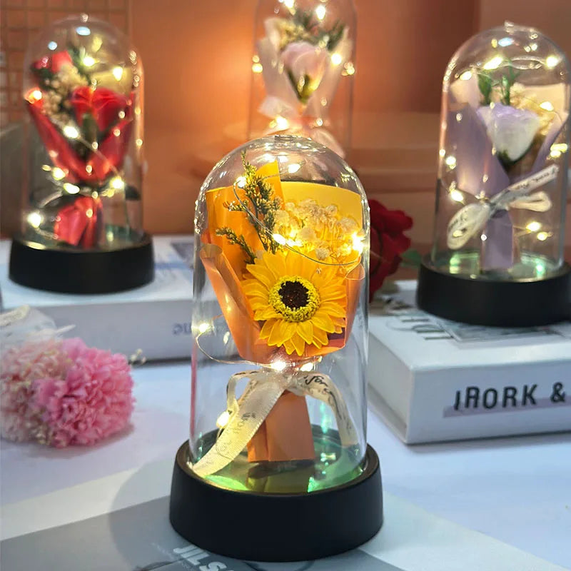 Bouquet Lumineux Tournesol & Rose – Cadeau Fête des Mères / Remise de Diplôme