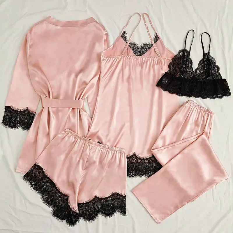 Pyjama Femme Satin Rose Lingerie — Robe de Bain Dentelle, Nuisette & Pantalon