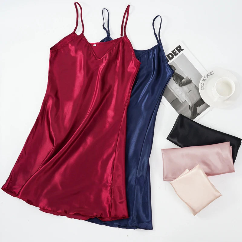 Nuisette Femme Col V Soie Fausse — Bretelles, Sans Manches, Sexy Satin Nuit