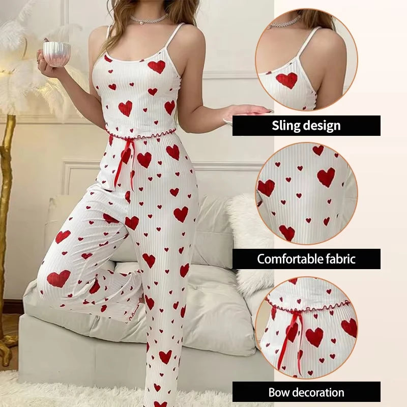 Ensemble Pyjama Femme Soie Glacée 2 Pièces — Débardeur Imprimé & Pantalon Long, Sexy
