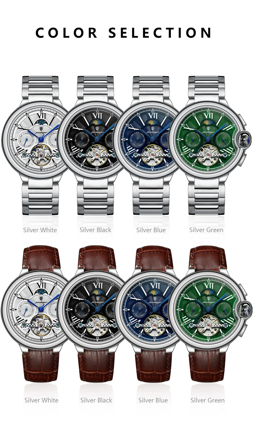 POEDAGAR Montre Automatique Homme Luxe — Tourbillon, Acier, Date & Semaine, Étanche