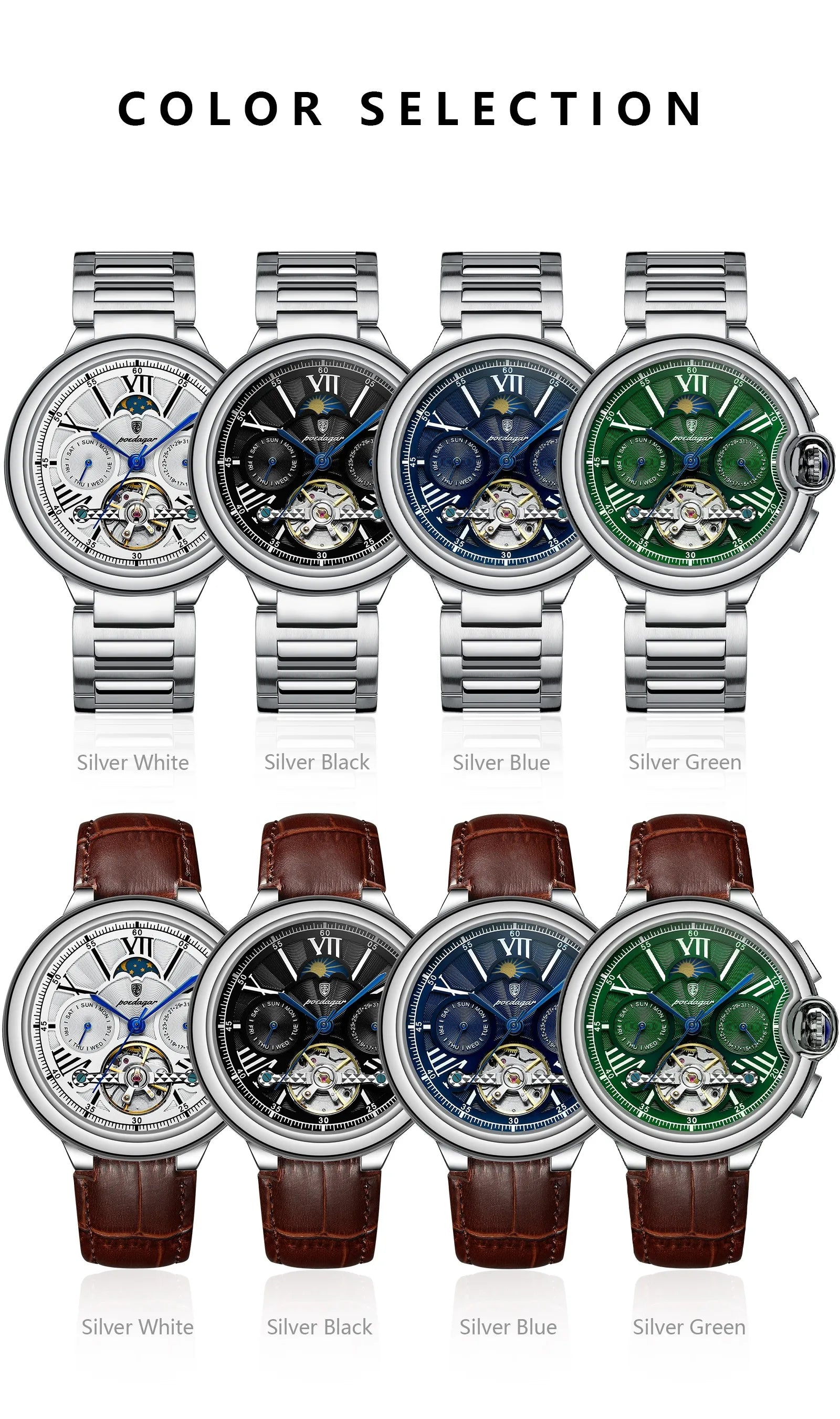 POEDAGAR Montre Automatique Homme Luxe — Tourbillon, Acier, Date & Semaine, Étanche