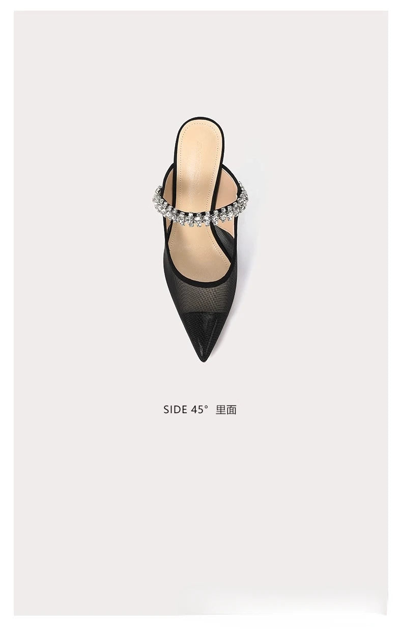 Mules Femme Diamant Filet Bout Fermé 2024 — Talon Fin, Noir, Été Sexy