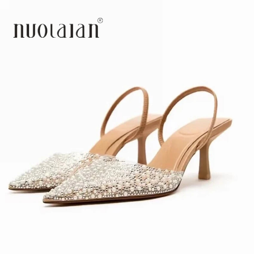 Escarpins Femme Perle Slingback 2024 — Bout Pointu, Talon Haut Élégant, Été