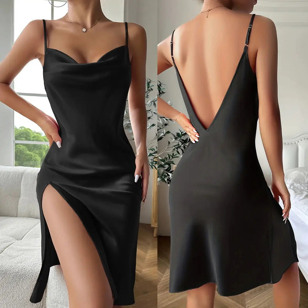 Nuisette Femme Satin Dos Nu Bretelles — Chemise de Nuit Sexy, Lounge Été