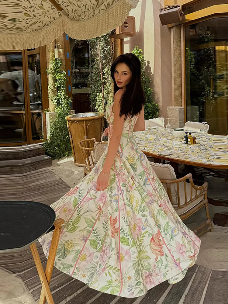 Robe Maxi Halter Corset Imprimé Floral 2026 — Sans Manches, Ligne A, Soirée Élégante