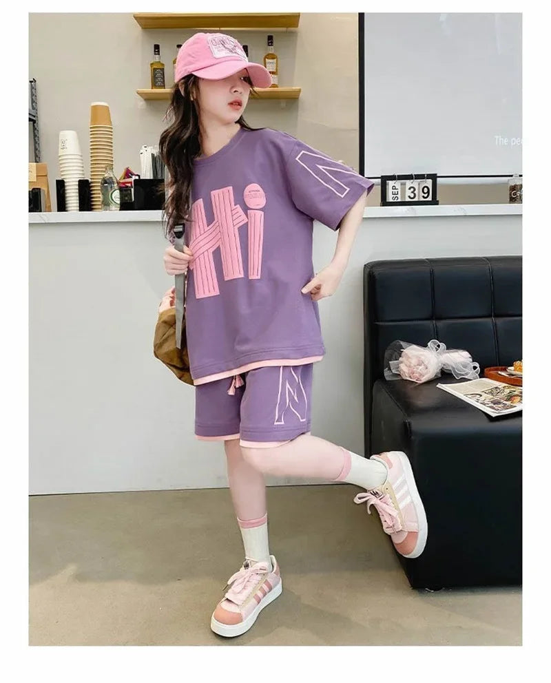 Ensemble 2 pièces filles – T-shirt manches courtes & short décontracté imprimé lettres, 5-14 ans
