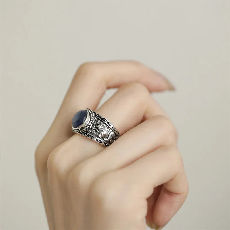 PANJBJ Bague Femme Argent 925 Pierre Œil de Chat Bleu — Rétro, Polyvalente