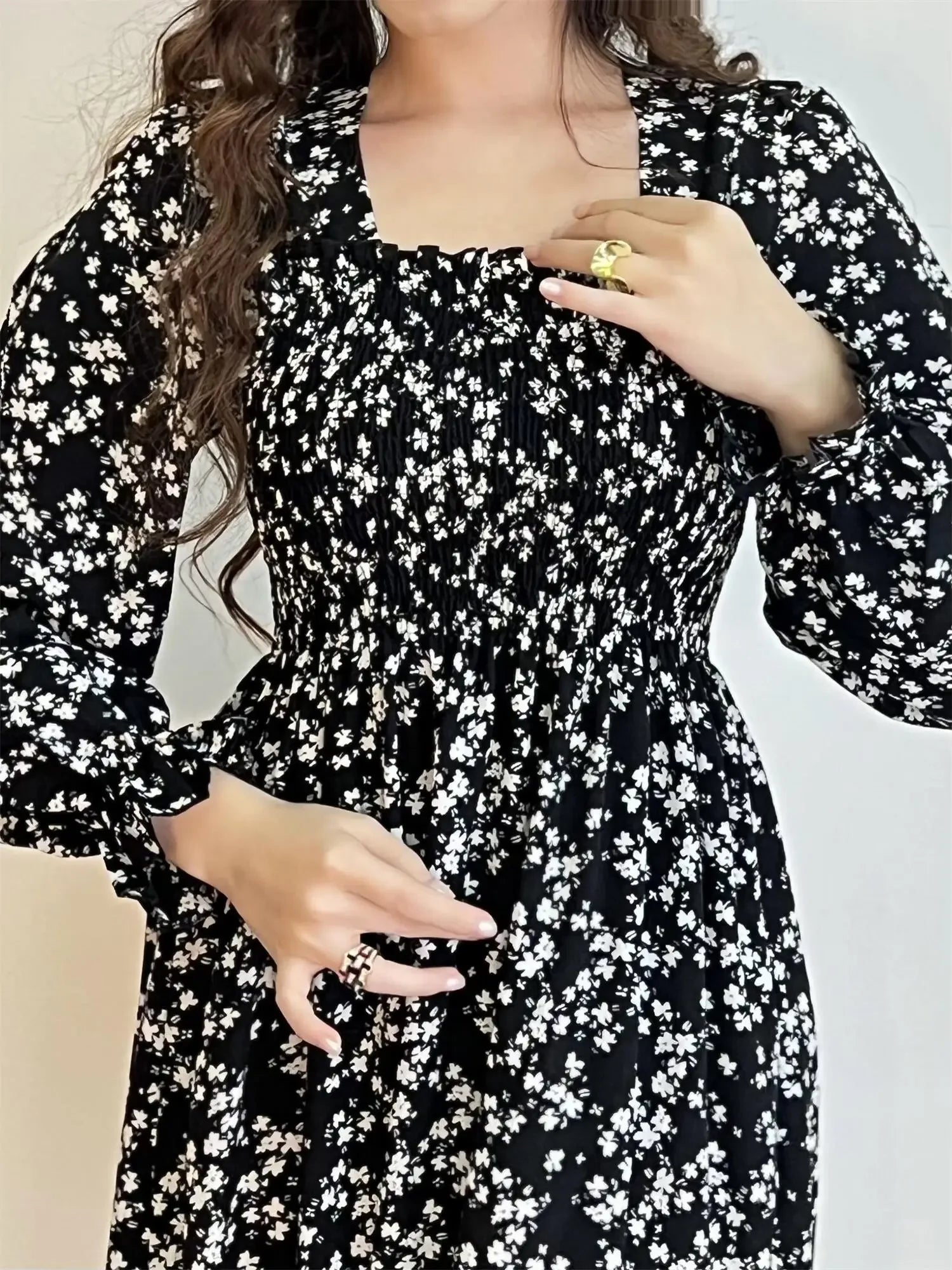 Robe Midi Femme Mousseline Manches Longues — Imprimé Floral Laçage
