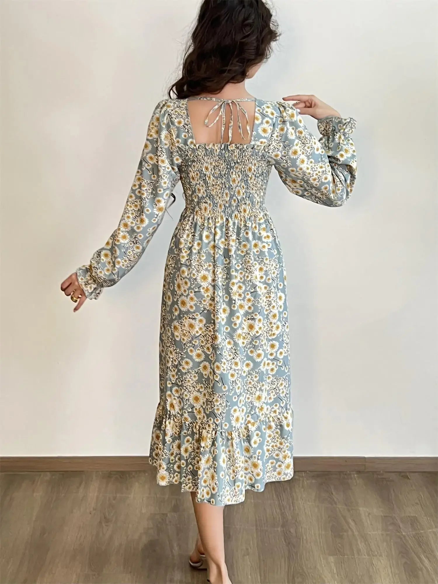 Robe Midi Femme Mousseline Manches Longues — Imprimé Floral Laçage