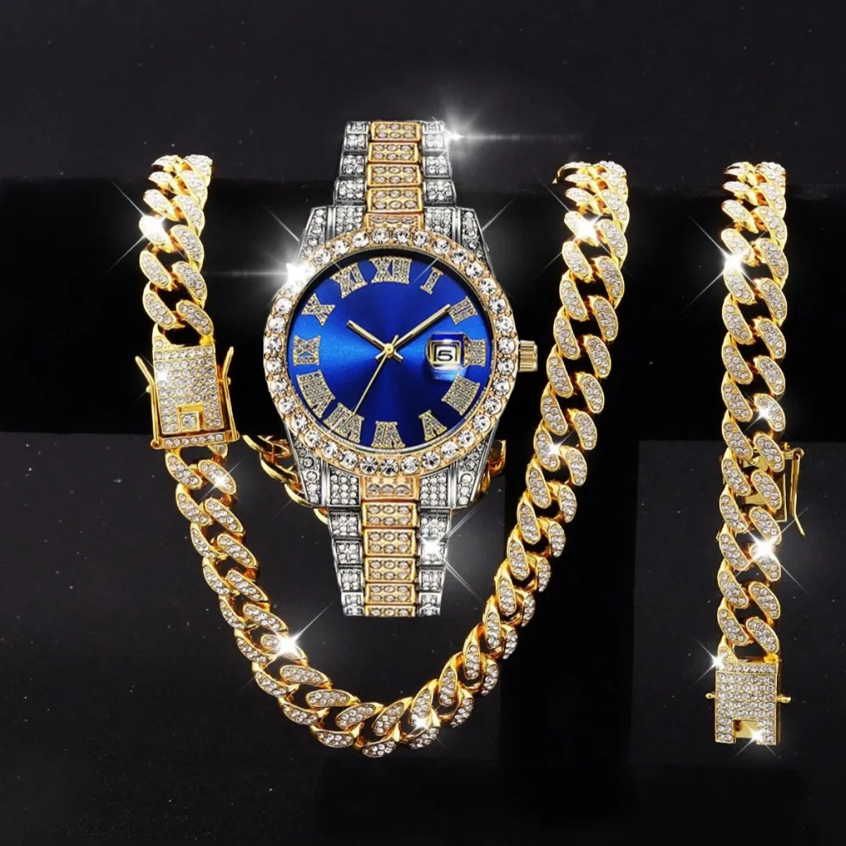 Coffret 3 Montres Homme Luxe Diamant — Cadran Roma, Acier, Quartz + Bijoux (Sans Boîte)