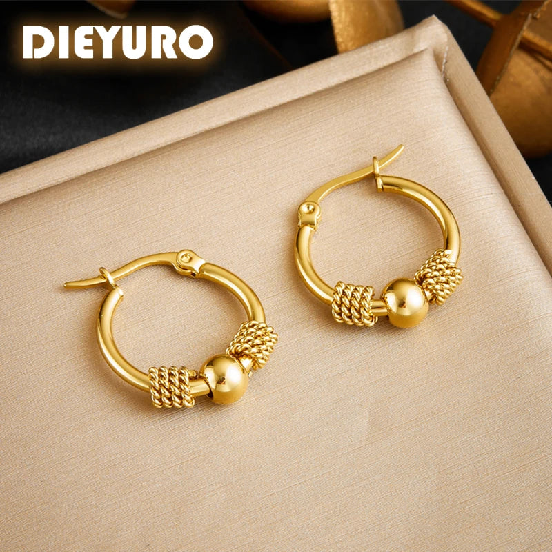 DIEYURO Boucles d'Oreilles Cercle Tressé Acier 316L Doré — Tendance 2024, Cadeau Femme