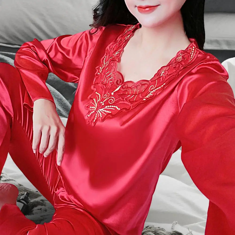 Pyjama Femme Soyeux Manches Longues 2025 — Col V, Dentelle Grande Taille, Lounge