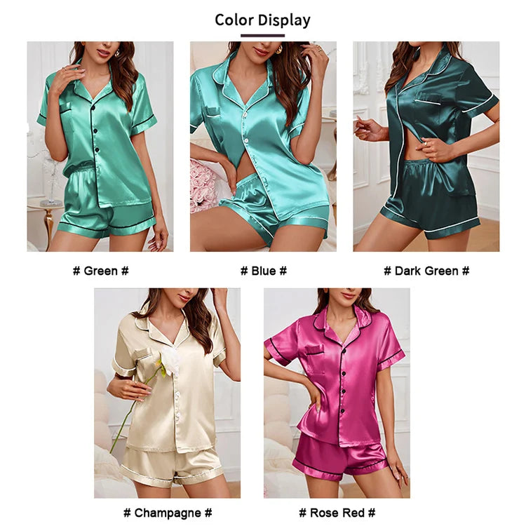 Pyjama Femme Satin Luxueux — 2 Pièces Manches Courtes, Col Chemise, Été