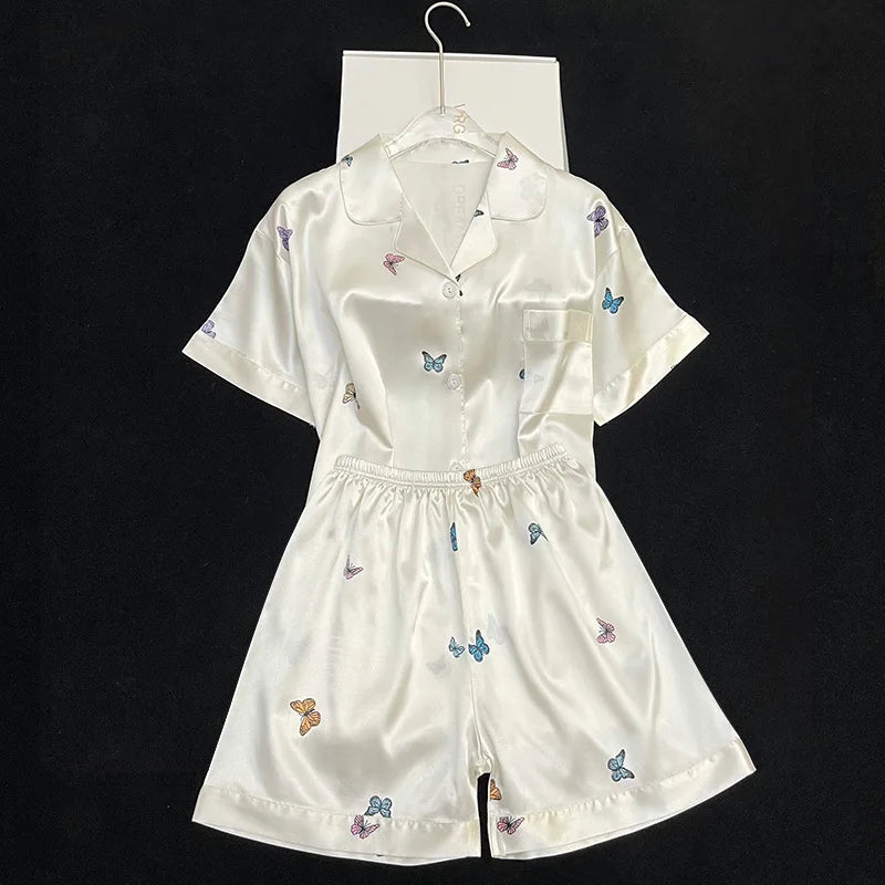 Ensemble Pyjama Femme 2 Pièces Imprimé Papillon — Satin Soie, Manches Courtes, Été