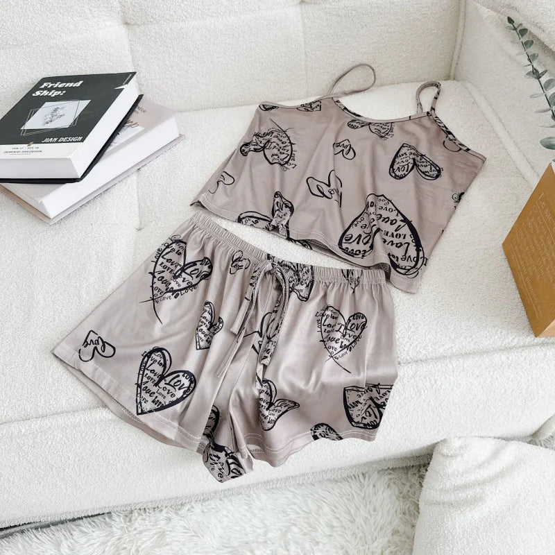 Pyjama Femme Soie Glacée Imprimé — Top Col Rond & Short, Respirant & Confortable