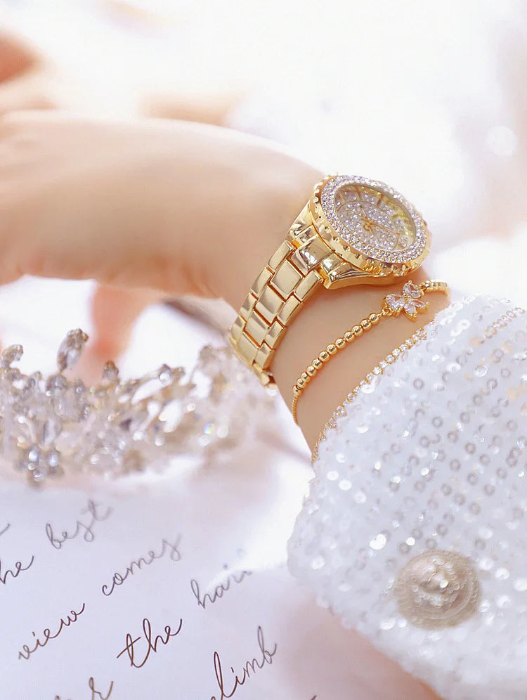Montre Femme Or Bracelet Luxe Quartz 2025 — Acier Complet, Élégante, Top Marque