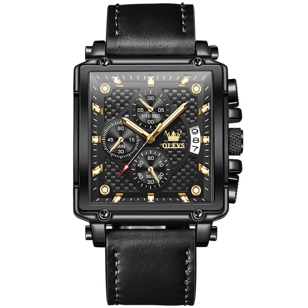 Montre Homme OLEVS Carrée Luxe Quartz — Étanche, Lumineux, Chronographe, Relogio