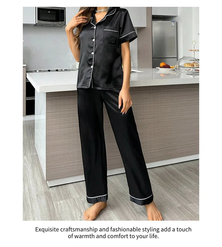 Pyjama Femme Satin Automne 2 Pièces — Haut Boutons Manches Courtes & Pantalon, Doux