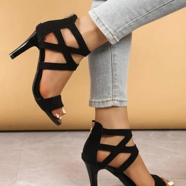 Sandales Femme Bout Ouvert Bandes Croisées — Talon Haut, Fermeture Dos, Noir