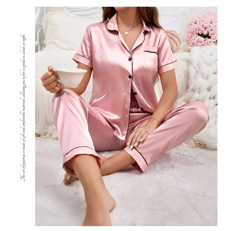Pyjama Femme Satin Automne 2 Pièces — Haut Boutons Manches Courtes & Pantalon, Doux