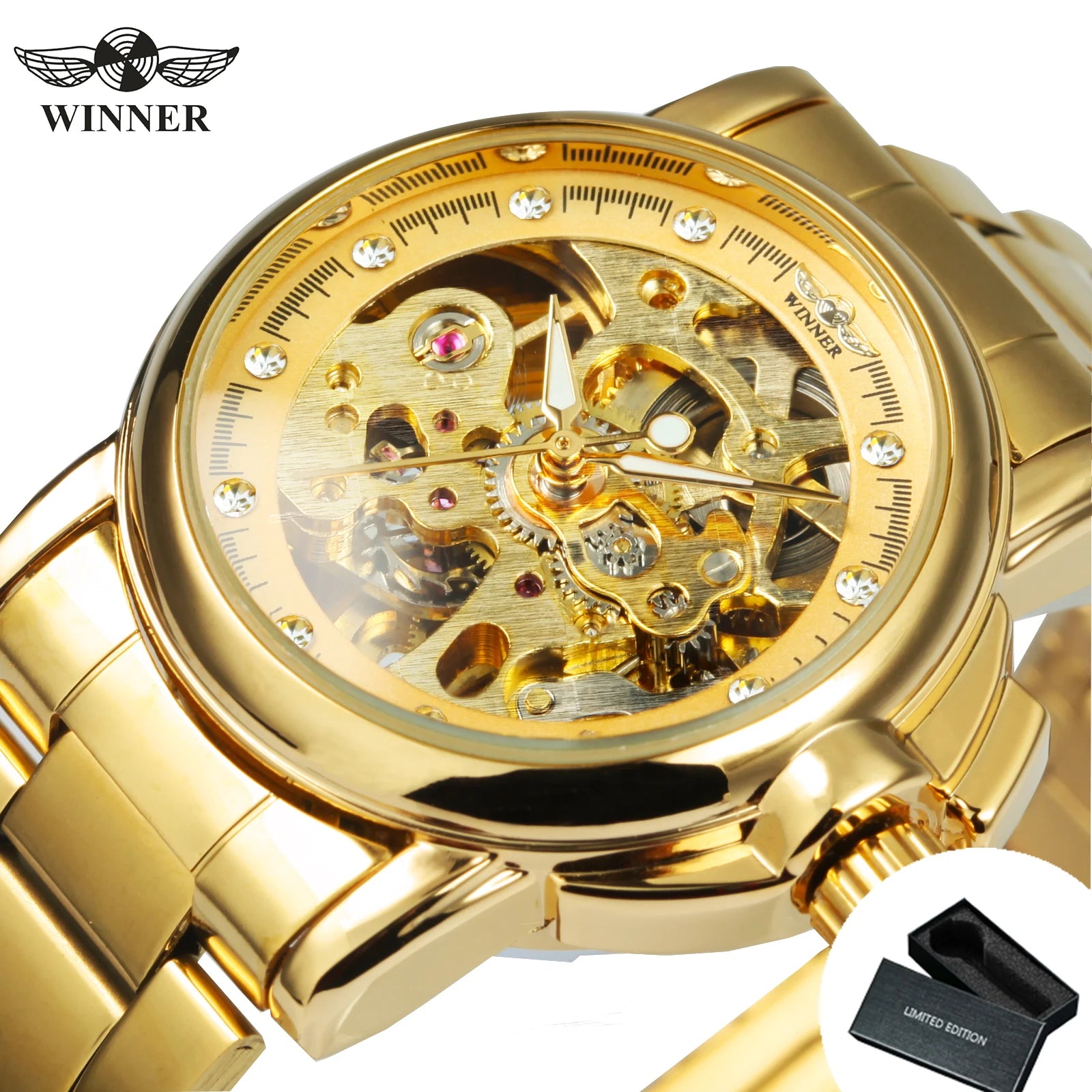 Montre Automatique Femme WINNER Squelette Or — Luxe Glacé, Acier Inoxydable, Élégante