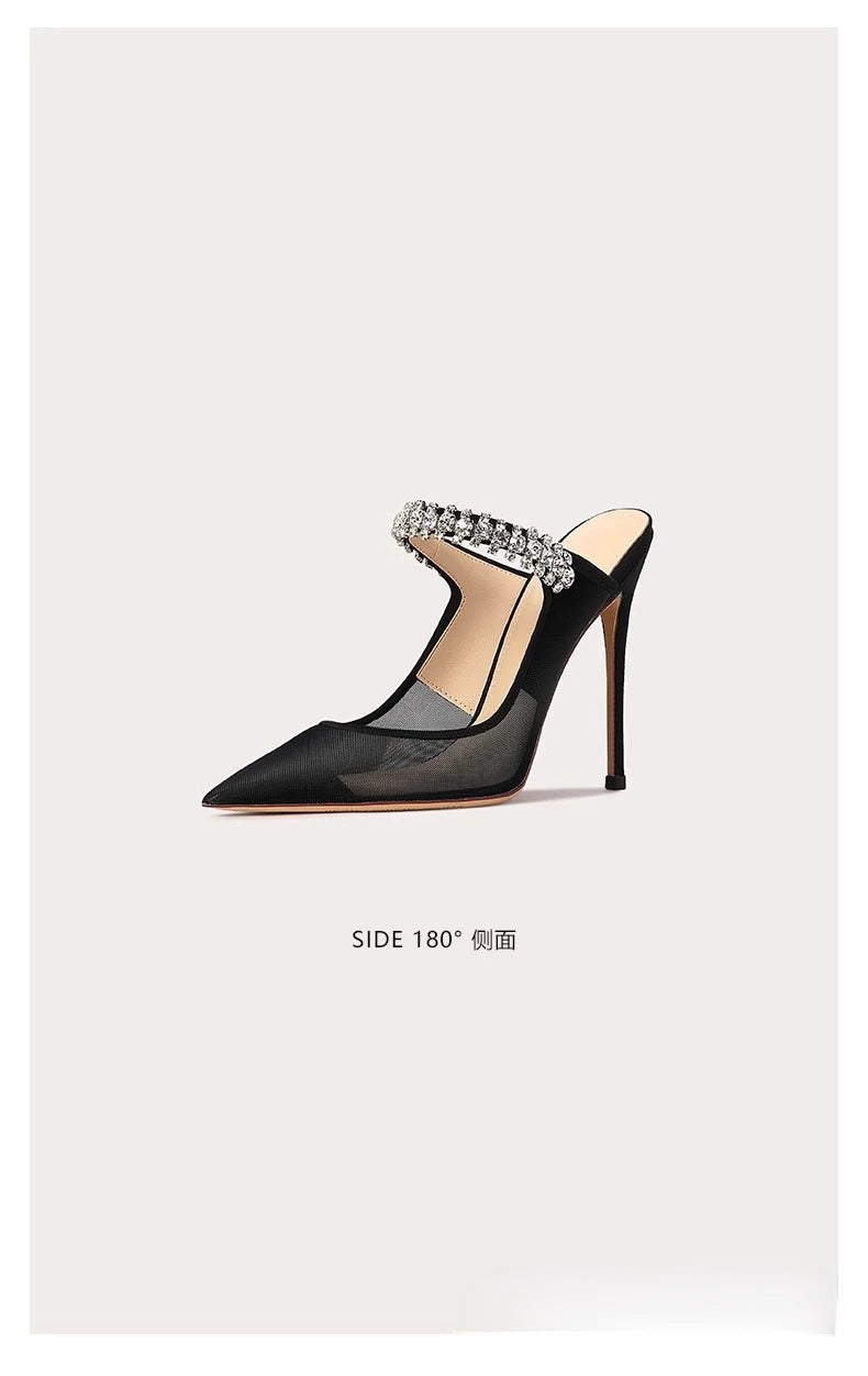 Mules Femme Diamant Filet Bout Fermé 2024 — Talon Fin, Noir, Été Sexy