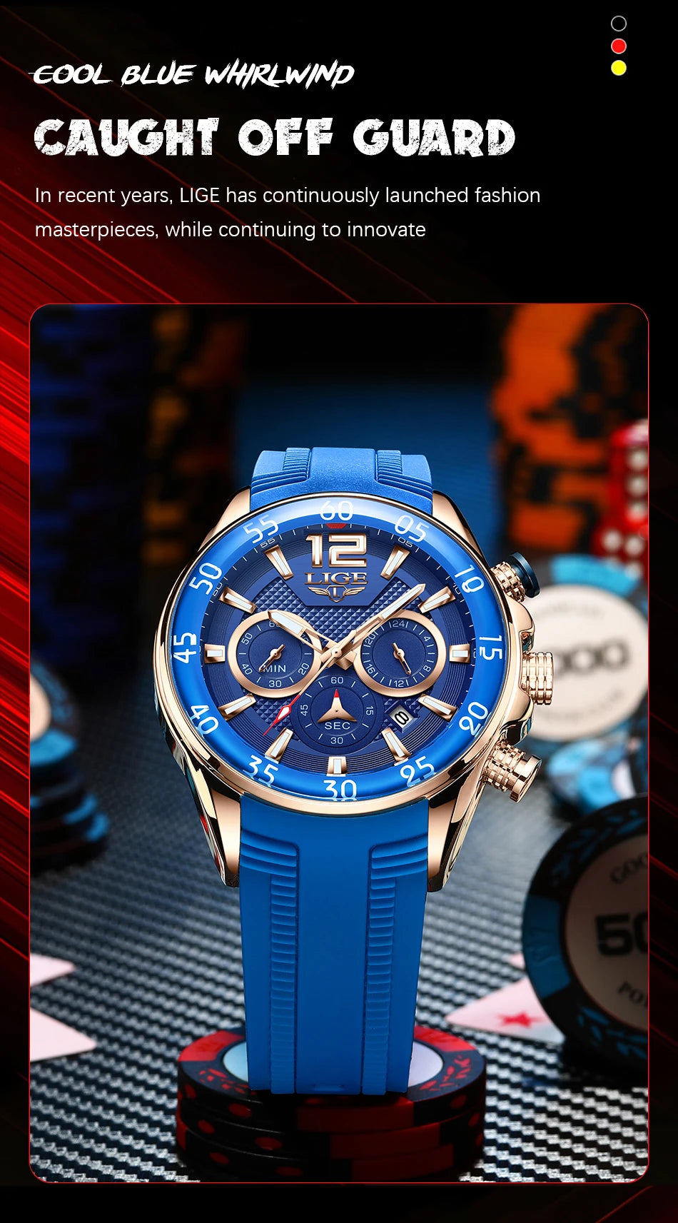 Montre Homme LIGE Sport Rouge Silicone — Étanche, Chronographe Quartz, Luxe