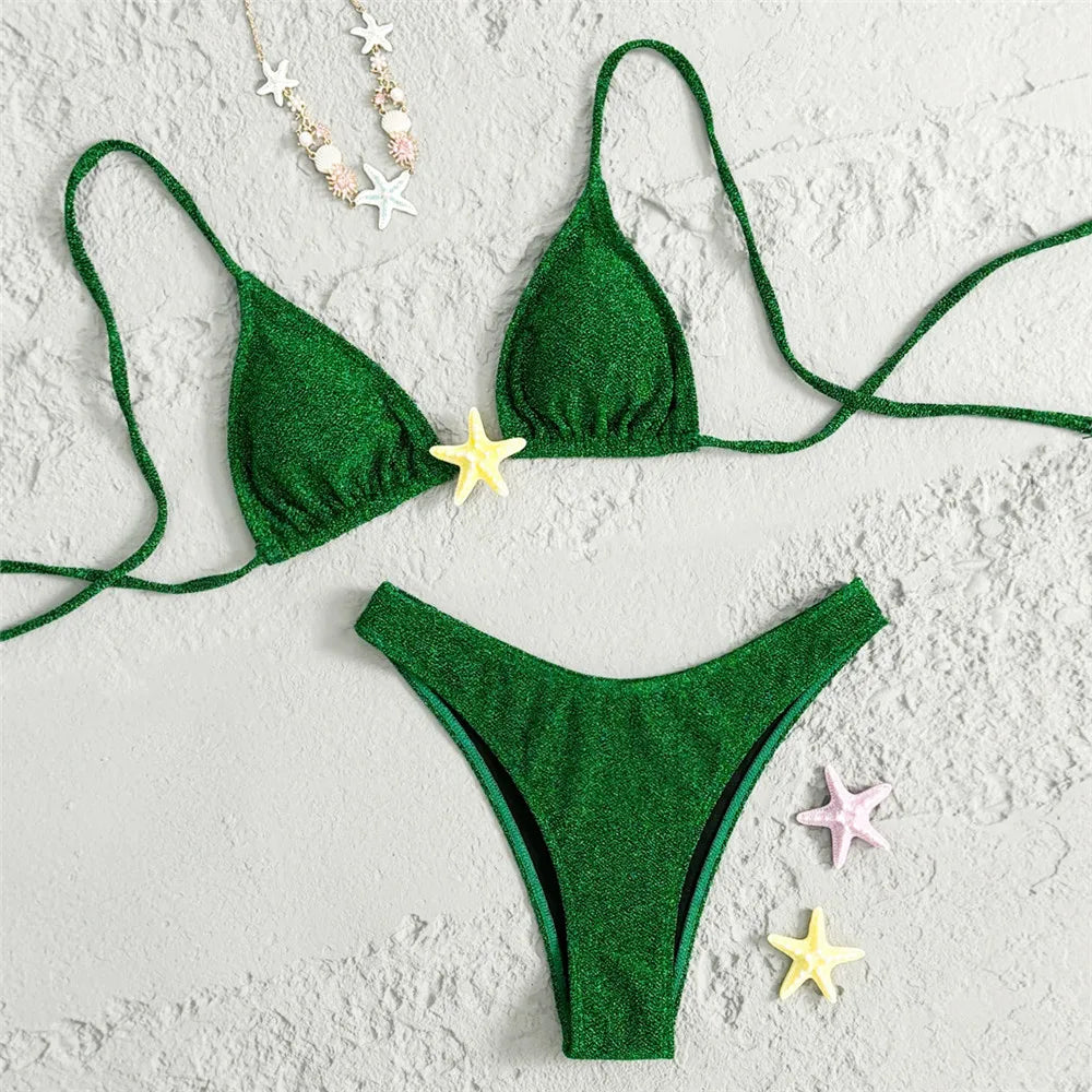 Bikini Étoile de Mer Vert Brillant 2026 — Triangle Halter, Taille Haute, Sexy Femme