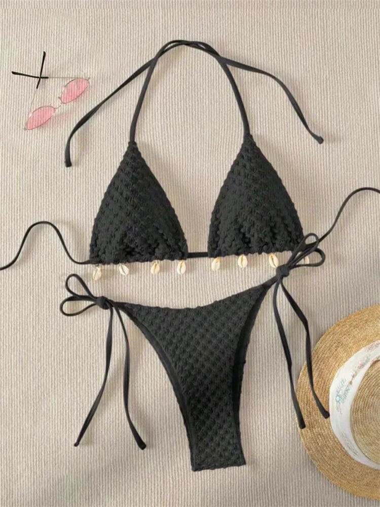 Bikini Coquillage Blanc Push Up 2025 — Halter Micro, Tanga, Maillot de Bain Sexy