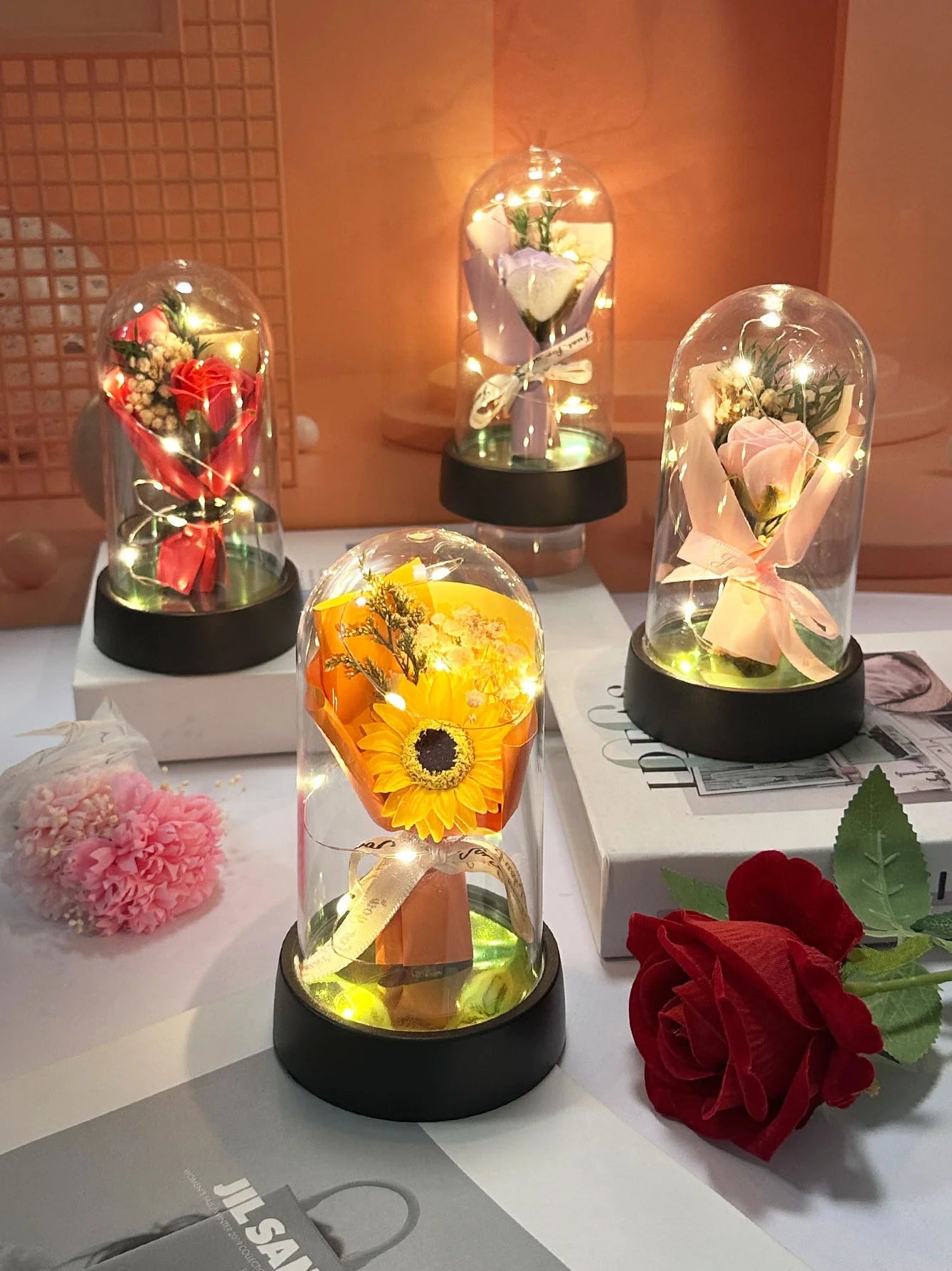 Bouquet Lumineux Tournesol & Rose – Cadeau Fête des Mères / Remise de Diplôme