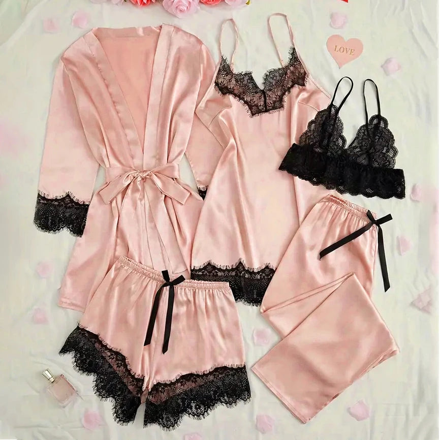Pyjama Femme Satin Rose Lingerie — Robe de Bain Dentelle, Nuisette & Pantalon