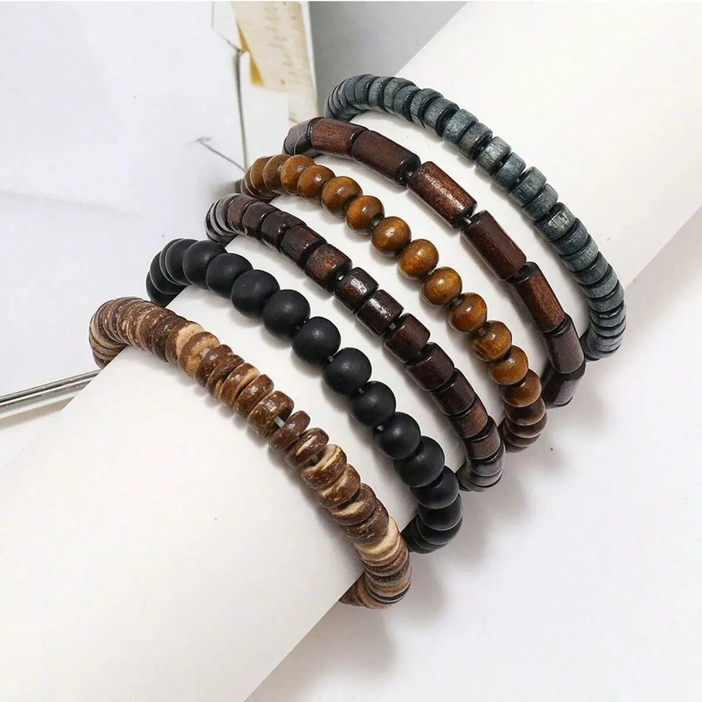 Bracelet Homme Cuir Tressé Bois 6 Pièces — Perles Bois Vintage, Armband Masculin
