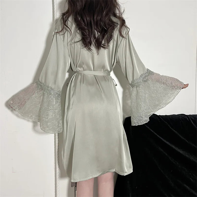 Robe de Chambre Femme Broderie Sexy — Dentelle Satin, Kimono Mariage Été