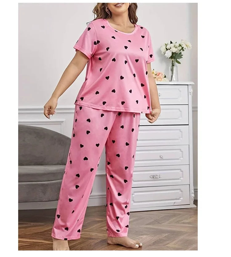 Pyjama Femme Grande Taille Imprimé Cœur — 2 Pièces Manches Courtes & Pantalon, Doux