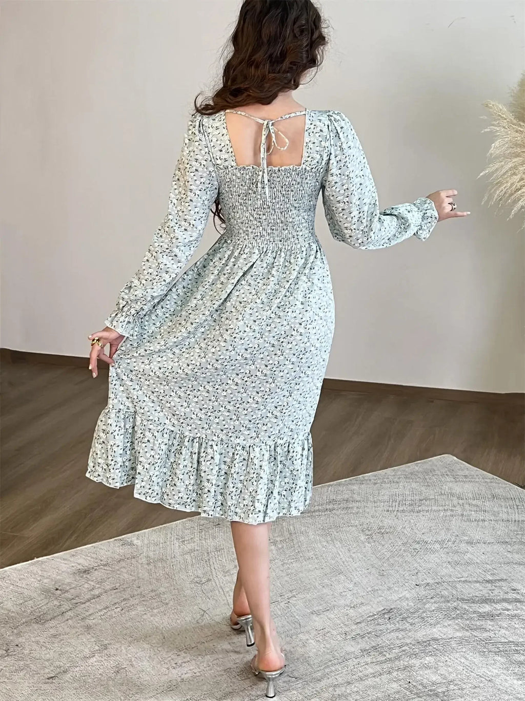 Robe Midi Femme Mousseline Manches Longues — Imprimé Floral Laçage