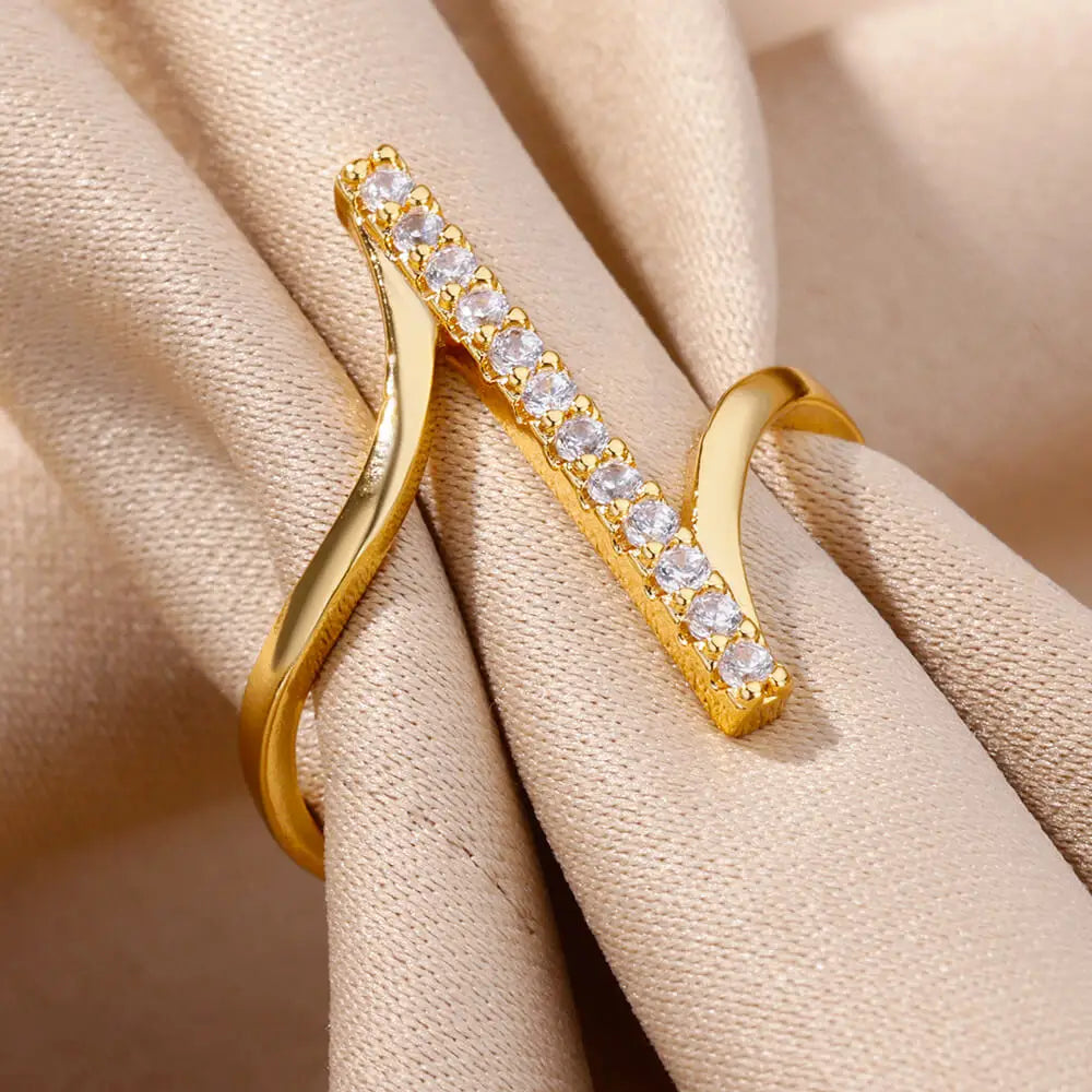 Bague Femme Zircon Géométrique Acier Doré — Ajustable, Luxe Mariage & Soirée 2024