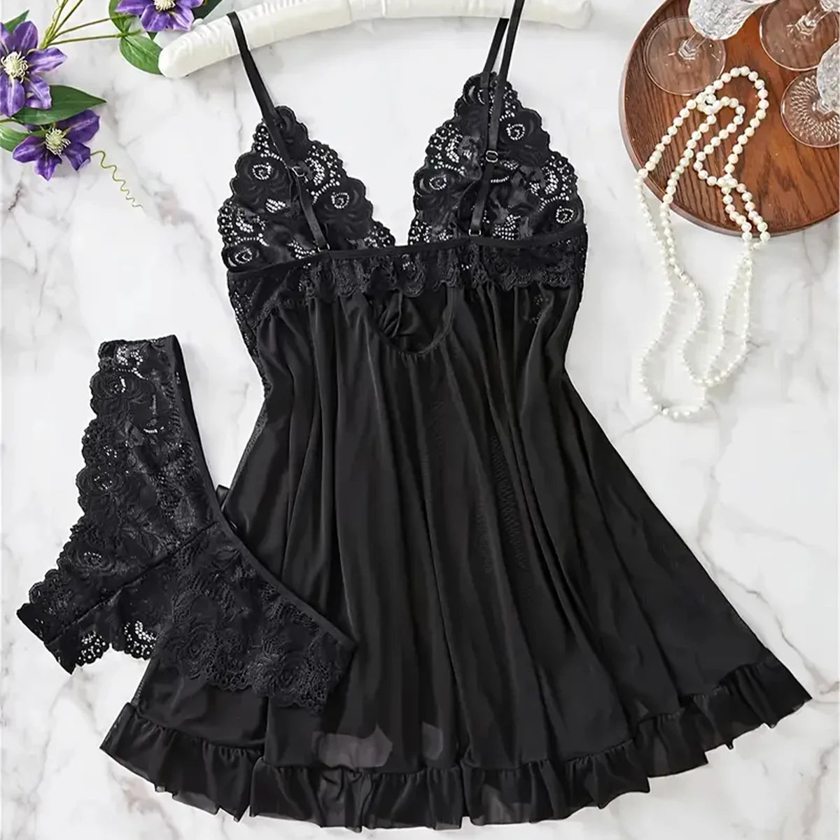 Lingerie Femme Transparente Dentelle — Nuisette Babydoll Sexy, Soutien-Gorge Ouvert