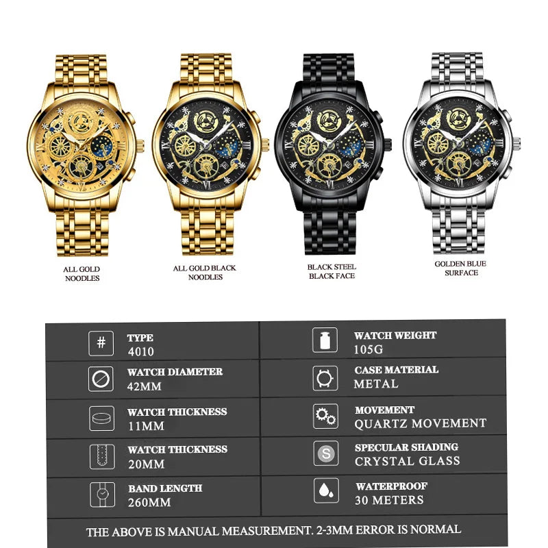 Montre Homme BINBOND Luxe Quartz — Acier Inoxydable, Lumineux, Étanche 30M, Business